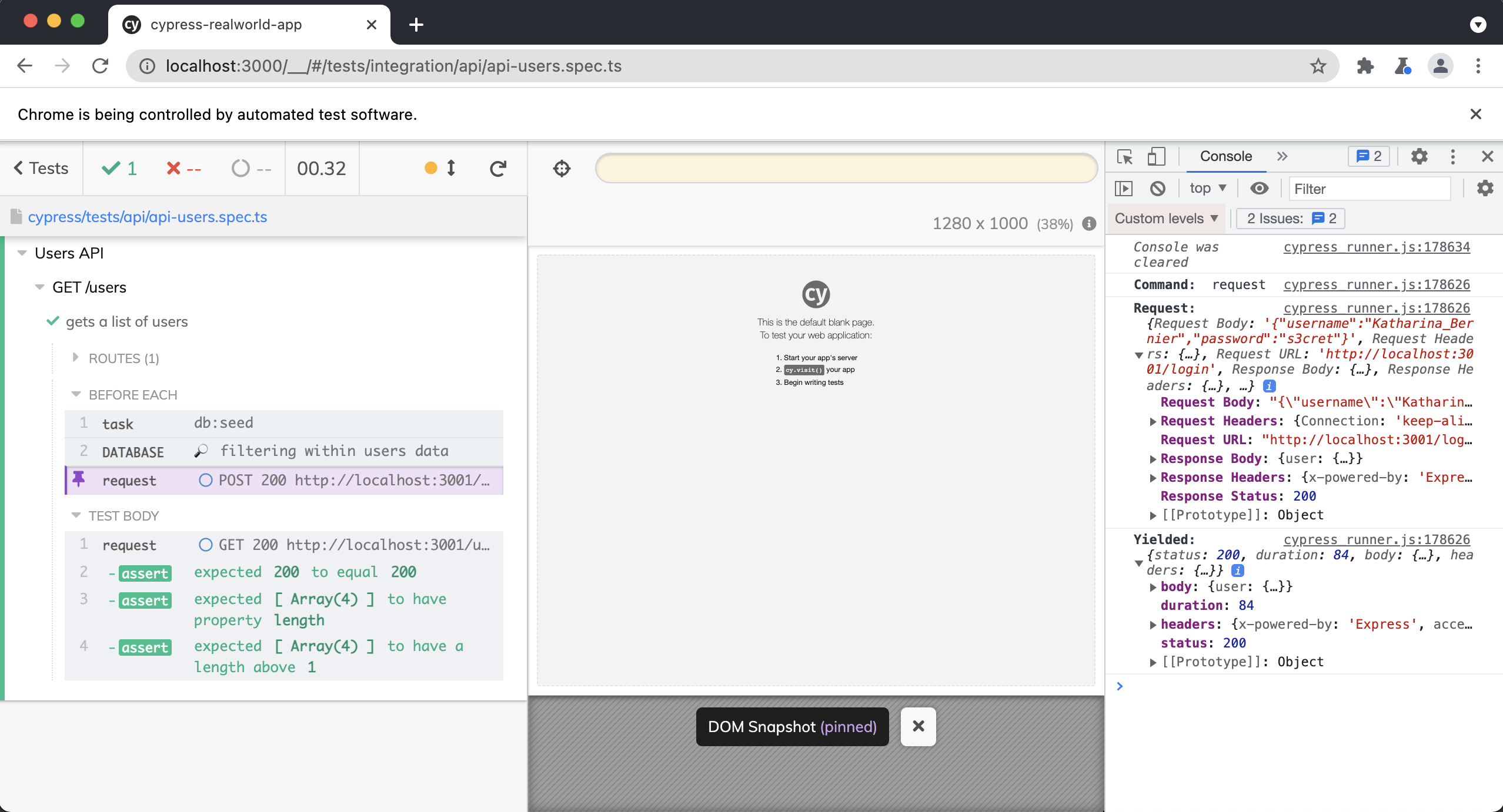 Screenshot of browser testing in the Cypress App showing a api-users.spec.ts file running. The request command is higlighted in purple in the Command Log. The devtools are open displaying the request and response data from the request.