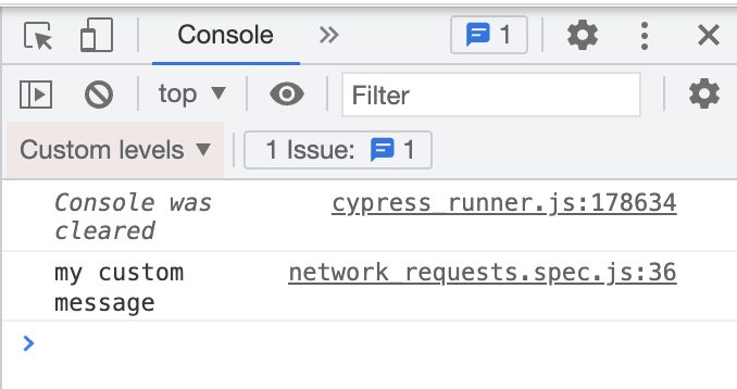 Screenshot of Developer Tool's Console tab with 'my custom message' as a log in the Console