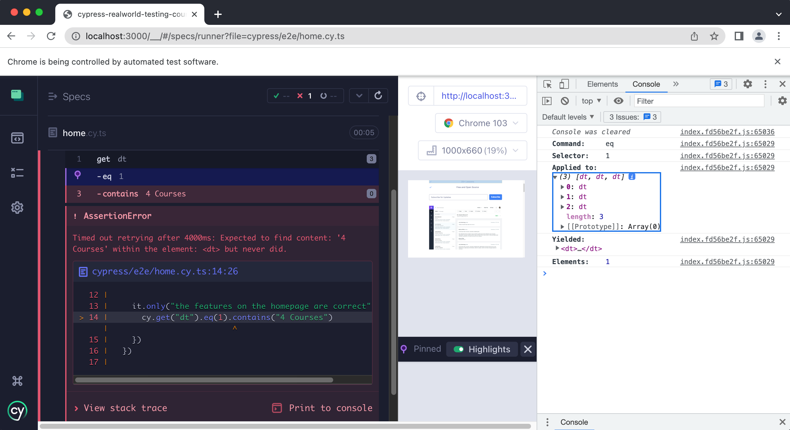 Screenshot of browser displaying the Cypress command log with a failed assertion on 'contains: 4 Courses' and the 'eq: 1' command highlighted in purple. The Developer Tool's console is exapanded showing log details about the 'eq' command such as the command, selector, what element it was applied to, what the command yielded, and the number of elements found.