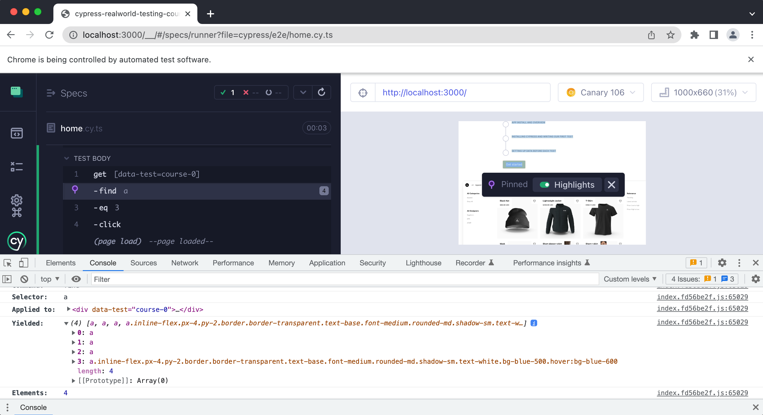 Screenshot of the browser showing the Cypress UI with the command log, application under test, and developer tools expanded at the bottom showing the command logs in the console