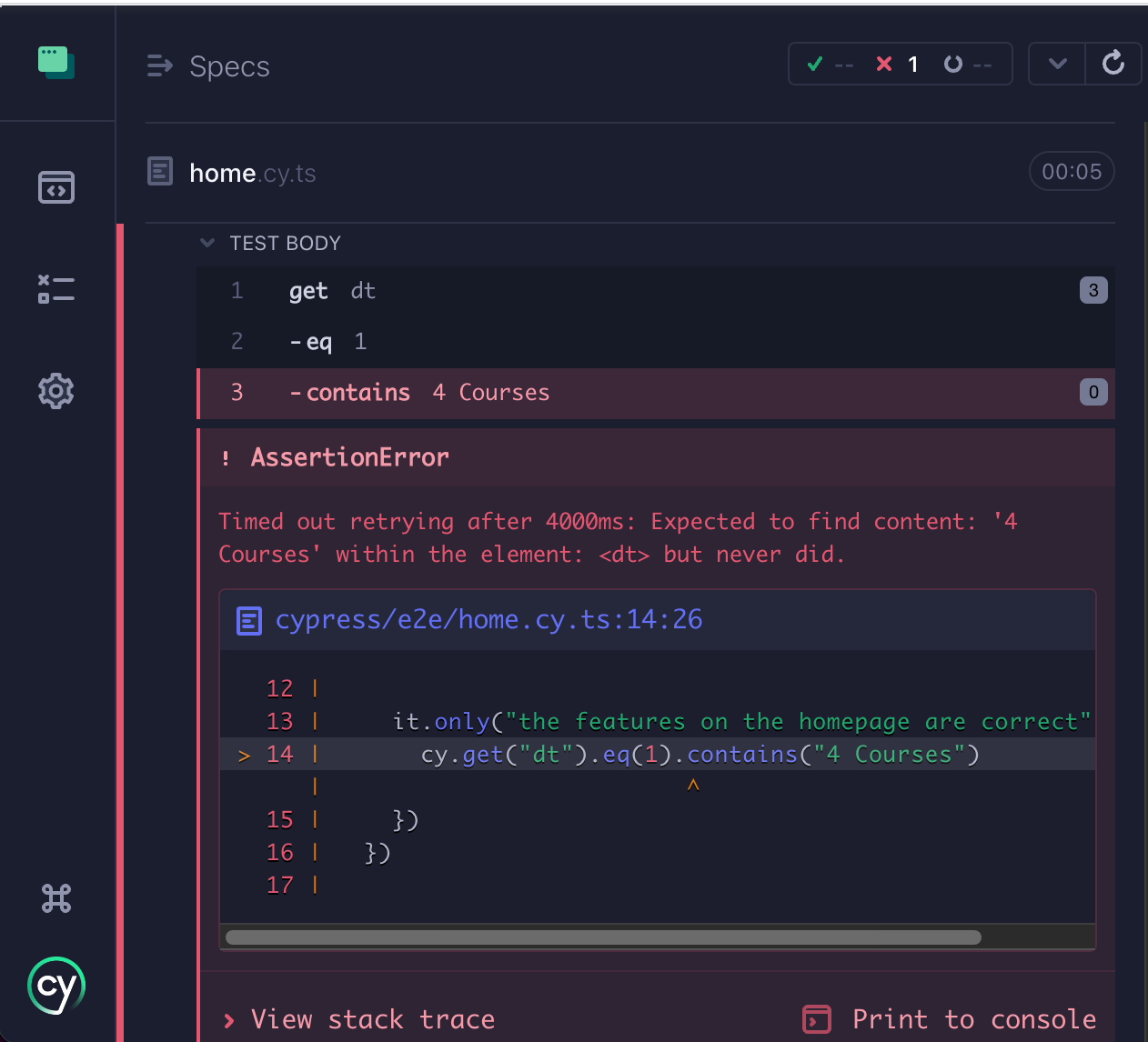 Screenshot of Cypress Command Log with a failing test marked as red with the 'contains: 4 Courses' assertion failing and a full error message printed as 'Timed out retrying after 4000ms, expected to find 4 Courses within the element dt but never did'. There's also a stack trace highlighting the exact line of test code that failed.