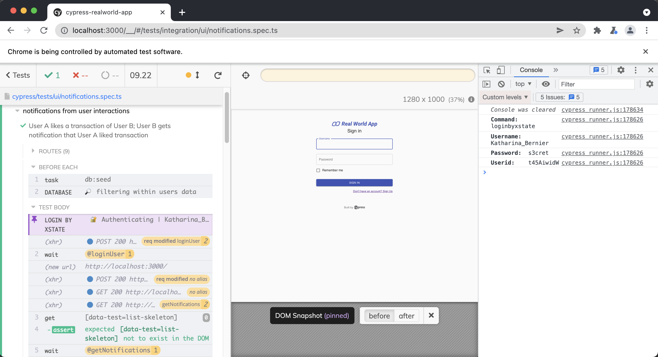 Screenshot of Cypress App with the 'Login by Xstate' command highlighted in purple in the Cypress Command Log. The text beside the highlighted command says 'Authenticatin | Katharina...'. The DevTools console is opened with details about the Login by Xstate command including the command name, username, password, and userid.