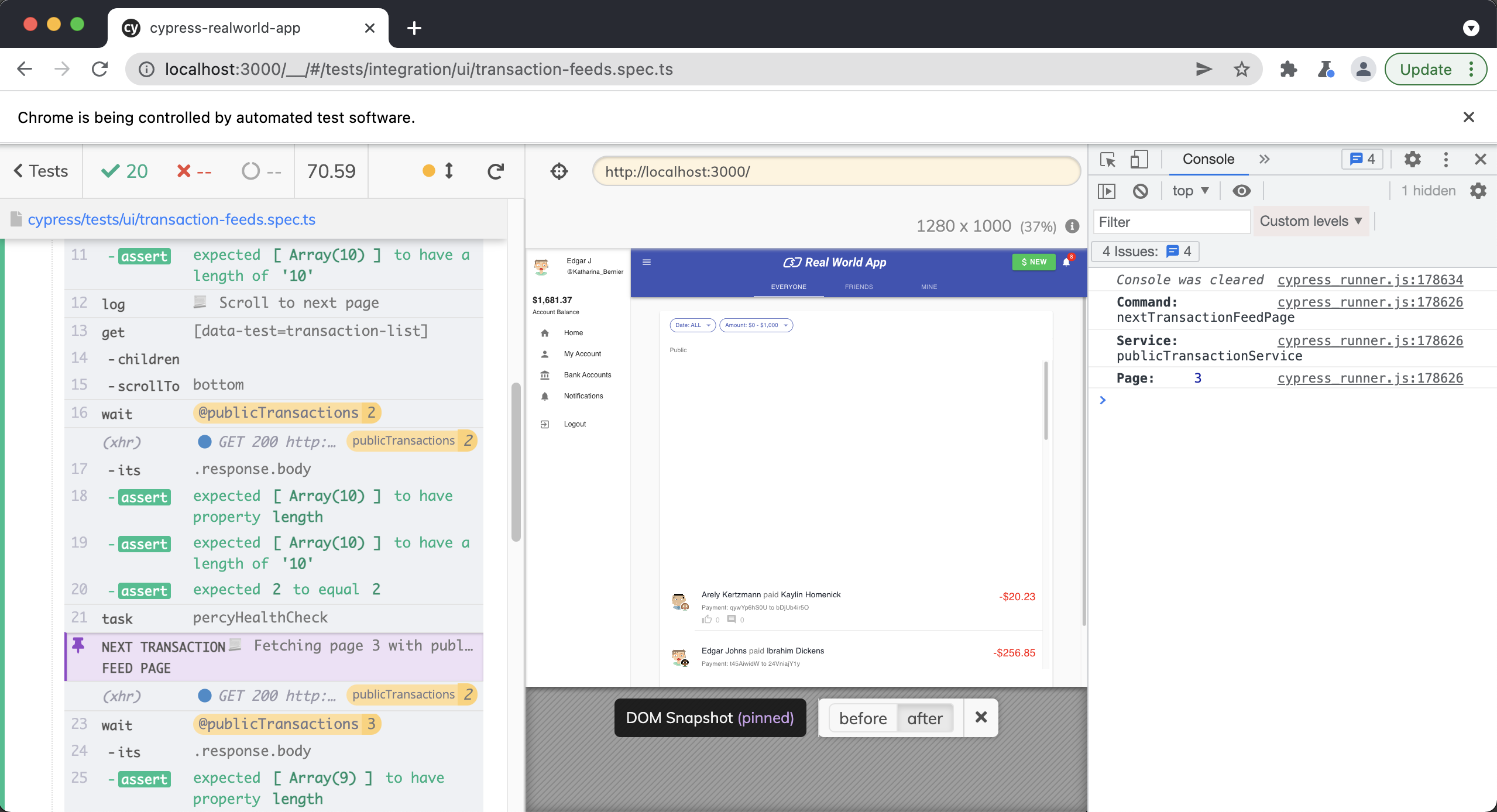 Screenshot of Cypress App with the 'Next Transaction Feed Page' command highlighted in purple in the Cypress Command Log. There is a DOM Snapshot that is pinned on the 'after' state of this command where the application under test shows transactions.