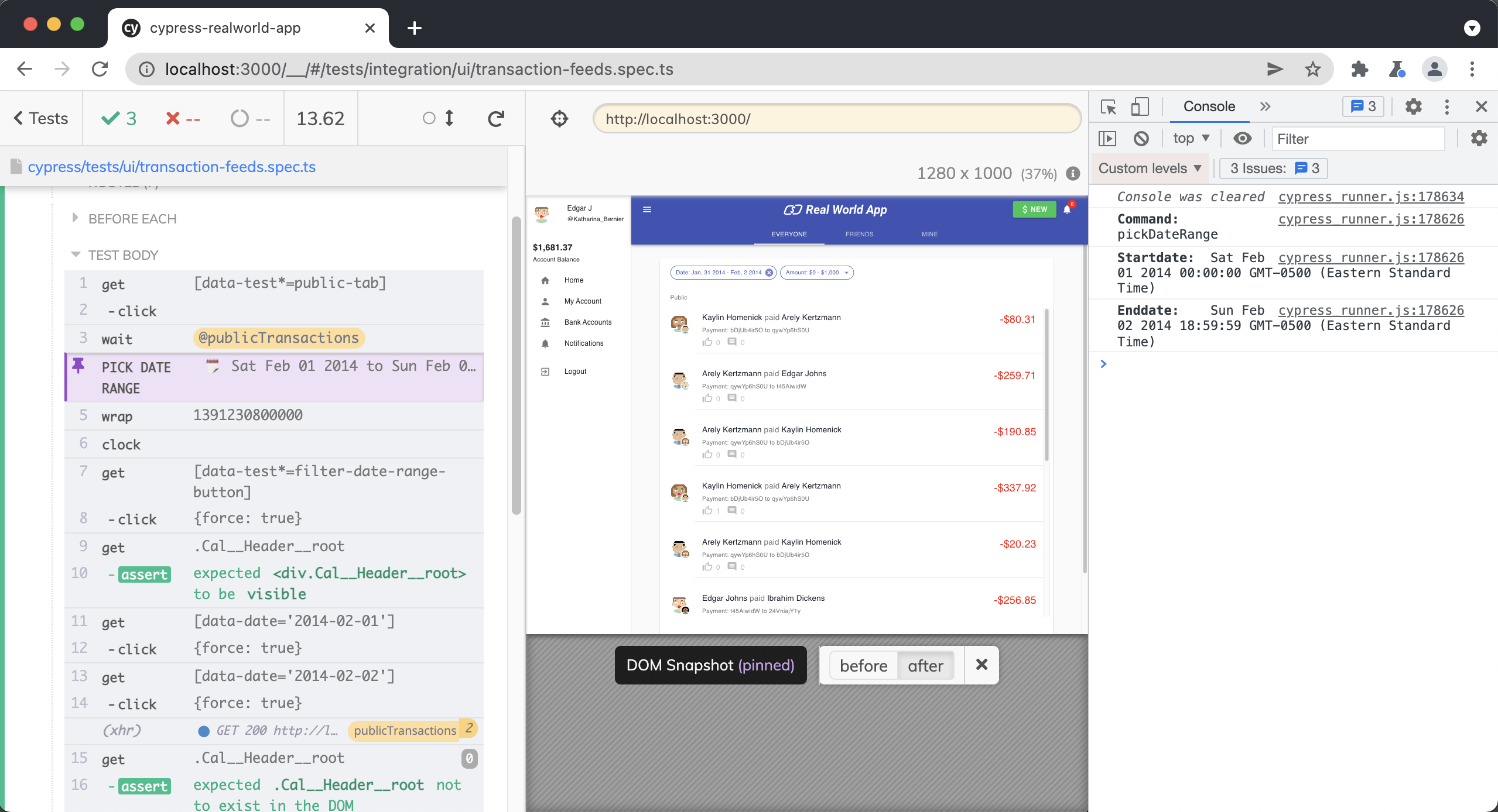 Screenshot of Cypress App displaying the 'pick date range' custom command highlighted in purple in the Cypress Command Log. The text next to the command says 'Sat Feb 01 2024 to Sun Feb 8..'. The application under test shows the Real World App with a list of transactions. The DevTools console is open with the details of the 'pick date range' custom command including the command name, startdate, and enddate.