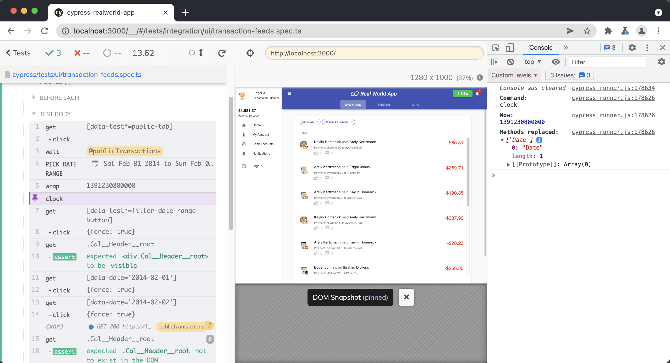 Screenshot of Cypress App with the 'clock' command highlighted in purple in the Cypress Command Log. The application under test shows the Real World App with a list of transactions. The DevTools console is open with details about the 'clock' command including the command name, now datetime, and the methods replaced like Date.