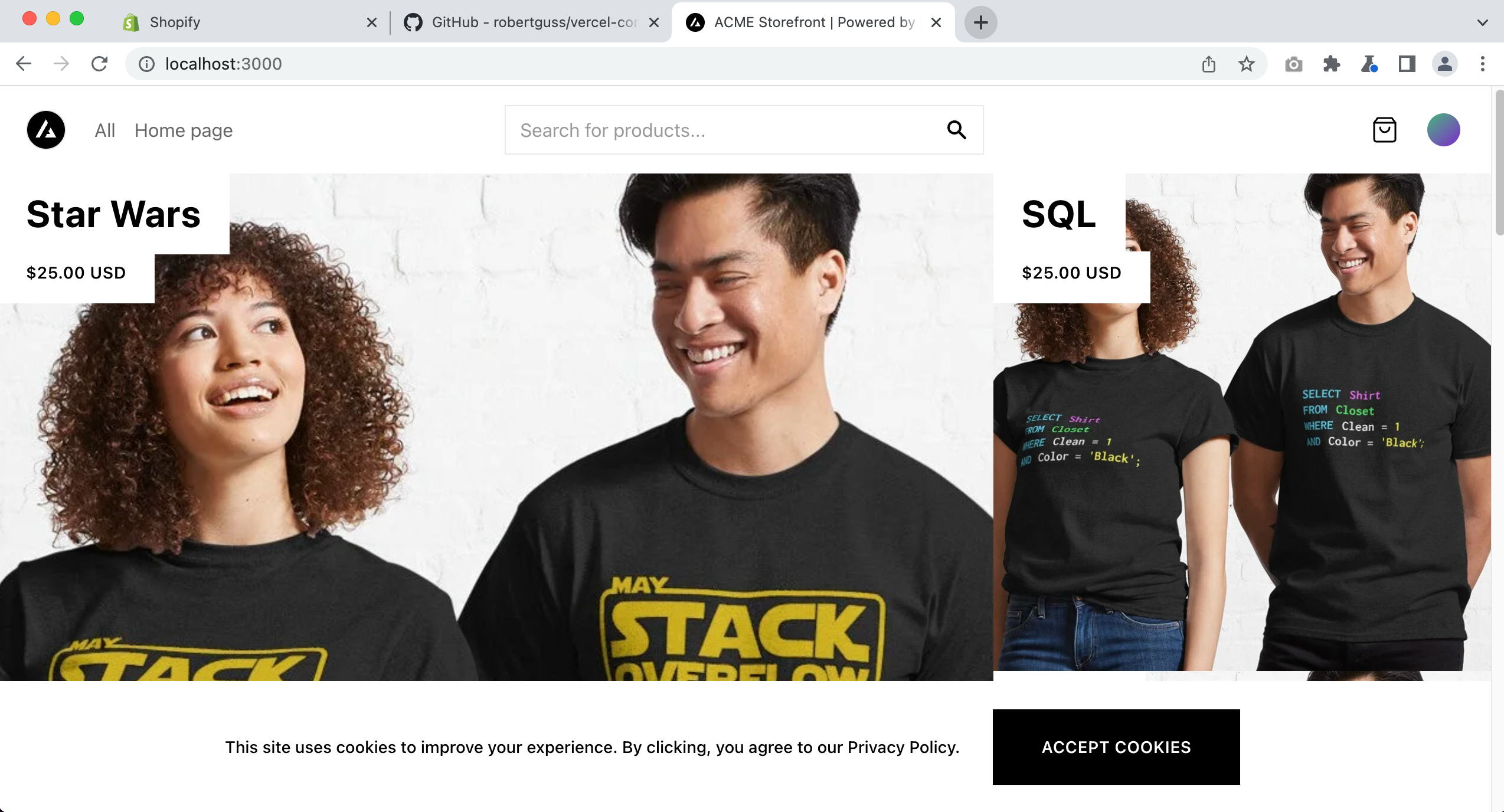 Website screenshot of swag store showing browser chrome, URL, and a product page